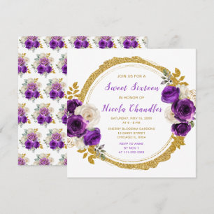 Dunkle Lila und Gold Elegante Blume 16 . Geburtsta Einladung
