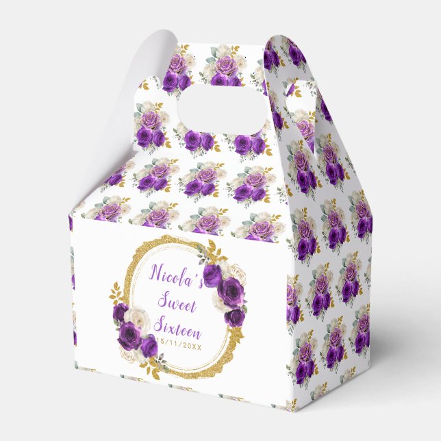 Dunkle Lila und Gold Elegante Blume 16 . Geburtsta Geschenkschachtel (Vorderseite)