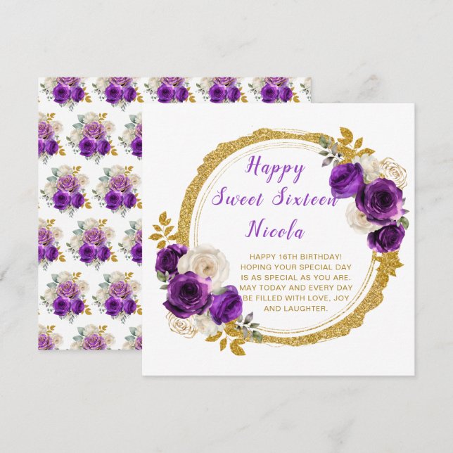 Dunkle Lila und Gold Elegante Blume 16 . Geburtsta Karte (Vorne/Hinten)
