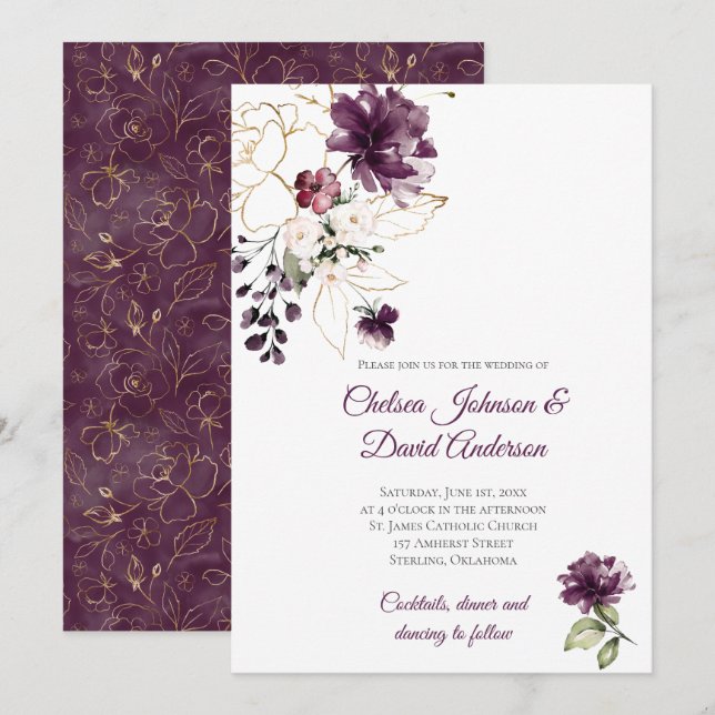 Dunkle Lila und goldblütige Winterhochzeit Einladung (Vorne/Hinten)