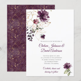 Dunkle Lila und goldblütige Winterhochzeit Einladung