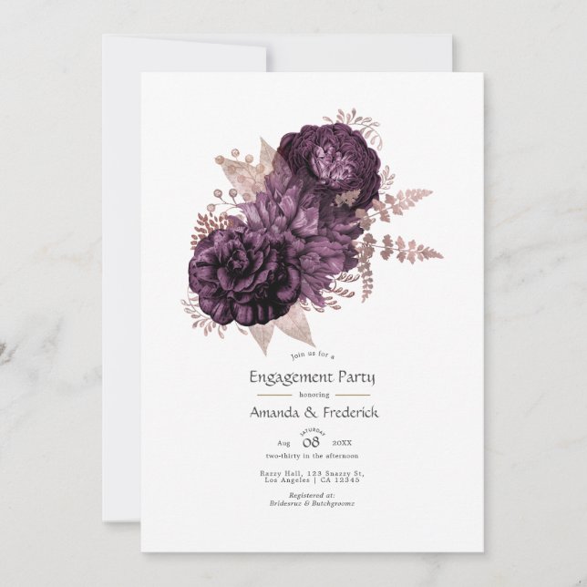 Dunkle Lila und Rose Gold Floral Engagement Party Einladung (Vorderseite)