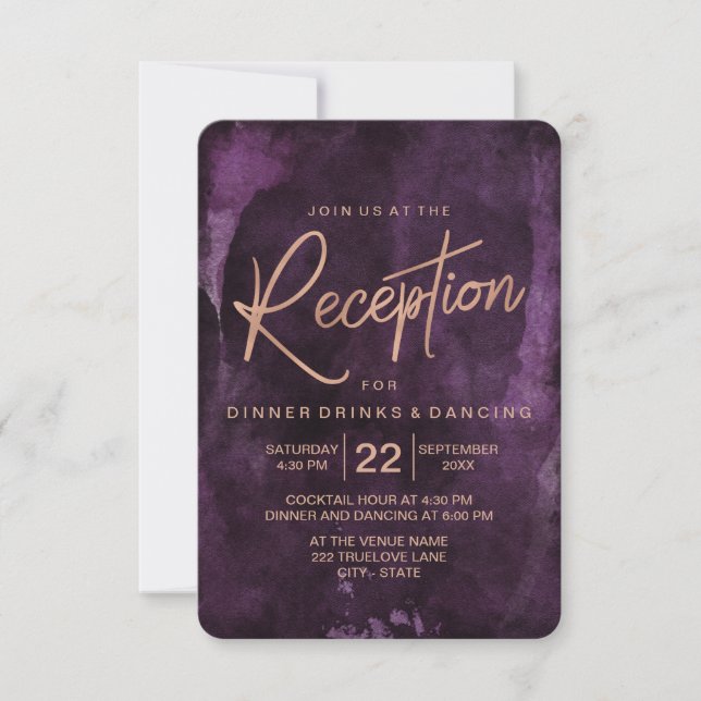 Dunkle Lila und Rose Gold Hochzeitsempfang Einladung (Vorderseite)