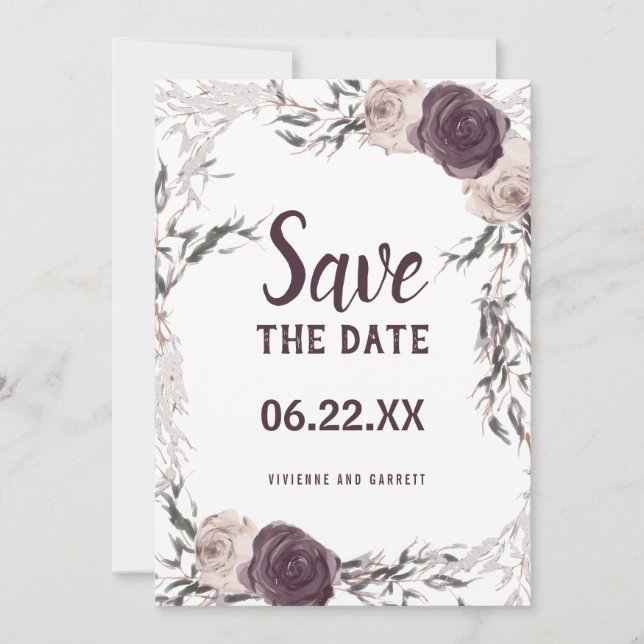 Dunkle Lila und rot-rosa Blumenhochzeit Save The Date (Vorderseite)