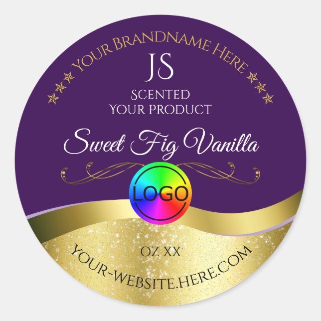 Dunkle Lila Wavy Gold Logo Monogram Product Label Runder Aufkleber (Vorderseite)
