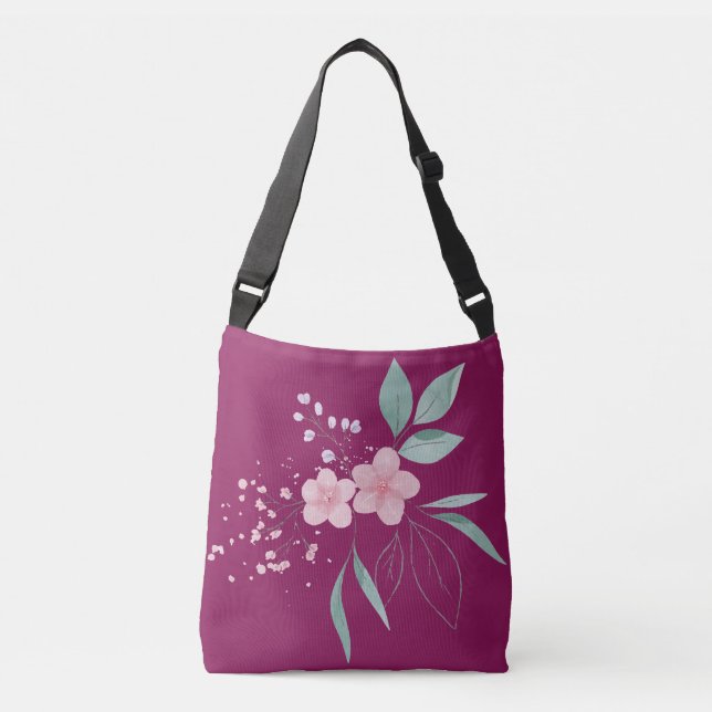 Dunkle Magenta mit rosa Blume Tragetaschen Mit Langen Trägern (Vorderseite)