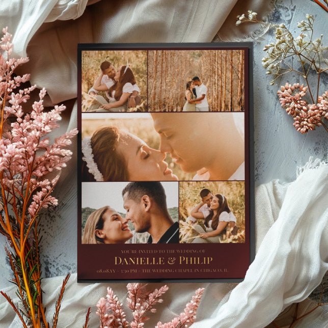 Dunkle Maroon Gold Clean Foto Collage informell Folieneinladung (Von Creator hochgeladen)