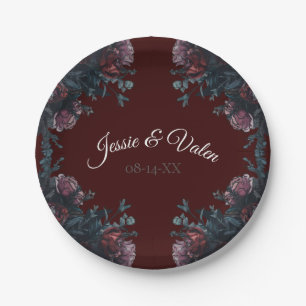 Dunkle Maroon Herbstblütenhochzeit Pappteller