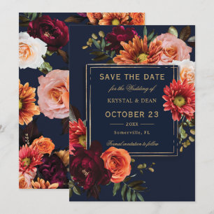 Dunkle, melancholische Burgunder-Orange-Floral-Nav Save The Date