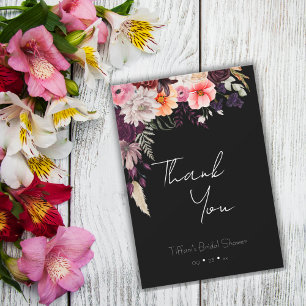 Dunkle, melancholische Florals Schwarze Hochzeitsd Dankeskarte