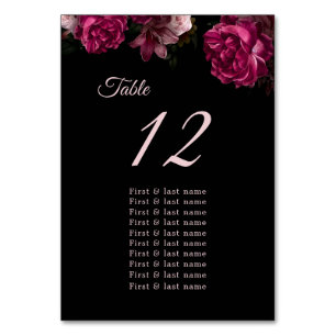 Dunkle, melancholische Rosen Florale Hochzeit Sitz Tischnummer