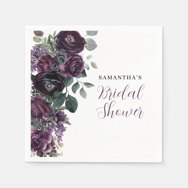 Dunkle, melancholische, violette Blumen-Hochzeitsd Serviette (Vorderseite)