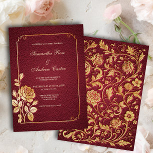 Dunkle Merlot-Gold-Prägung Florale Hochzeit Einladung