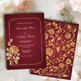 Dunkle Merlot-Gold-Prägung Florale Hochzeit Einladung