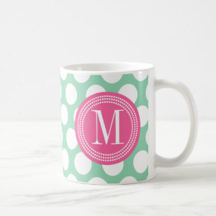 Dunkle Minze u. Pink  große Polka-Punkte mit Kaffeetasse