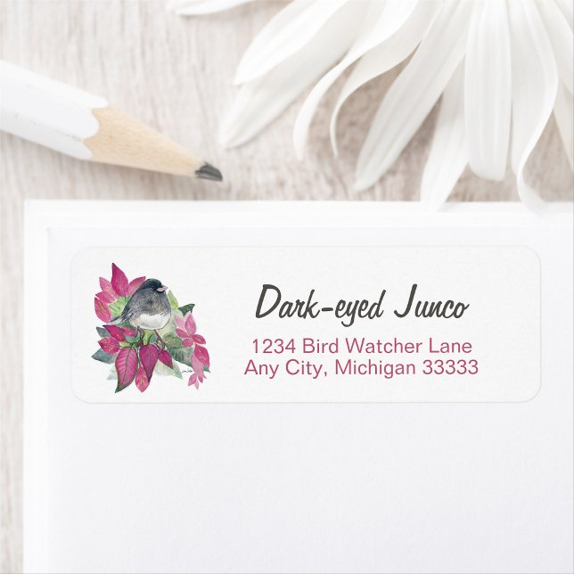 Dunkle Mit Augen Junco Wasserfarben Rücksendeadres (Dark Eyed Junco Watercolor Art Return Address Label from Jenn's Emporium.)