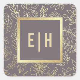 Dunkle Mocha Gold Floral Monogram Wedding Quadratischer Aufkleber