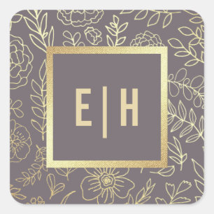 Dunkle Mocha Gold Floral Monogram Wedding Quadratischer Aufkleber
