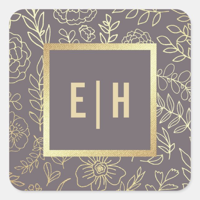 Dunkle Mocha Gold Floral Monogram Wedding Quadratischer Aufkleber (Vorderseite)