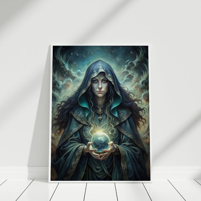 Dunkle Mond Hexe - Kristallsehwall Kunst Poster (Dark Moon Witch – Crystal Vision Wall Art in a white frame)