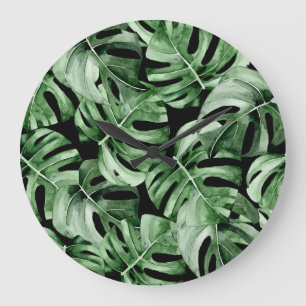 Dunkle Monstera: Tropischer Wasserfarbdruck. Große Wanduhr