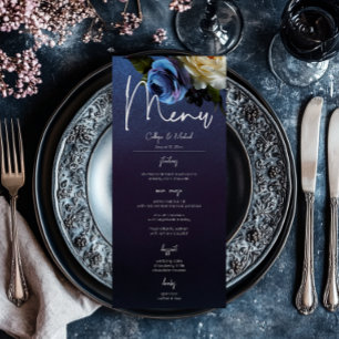 Dunkle Moody Blaue Lavendel Blumen Hochzeit Modern Menükarte