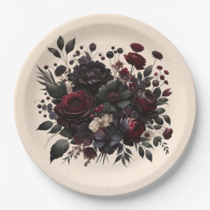 Dunkle Moody Blumen Elegante Florale Creme Hochzei Pappteller