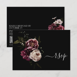 Dunkle Moody Blush Burgundy Floral QR Code RSVP Ka Karte