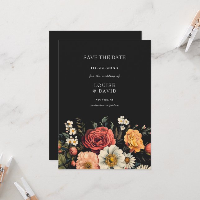 Dunkle Moody Elegant florale Hochzeit Speichern Si Einladung (Vorderseite/Rückseite Beispiel)