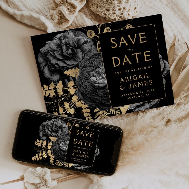 Dunkle Moody Floral Black Wedding Save the Date Einladung (Von Creator hochgeladen)