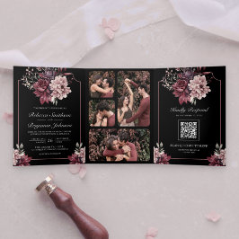 Dunkle Moody Floral Frame Black QR Code Hochzeit Dreifach Gefaltete Einladung