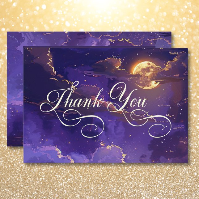 Dunkle Moody Lila- und Goldwolken-Hochzeit Dankeskarte (Dark Moody Purple & Gold Moonlit Clouds Wedding Thank You Card)
