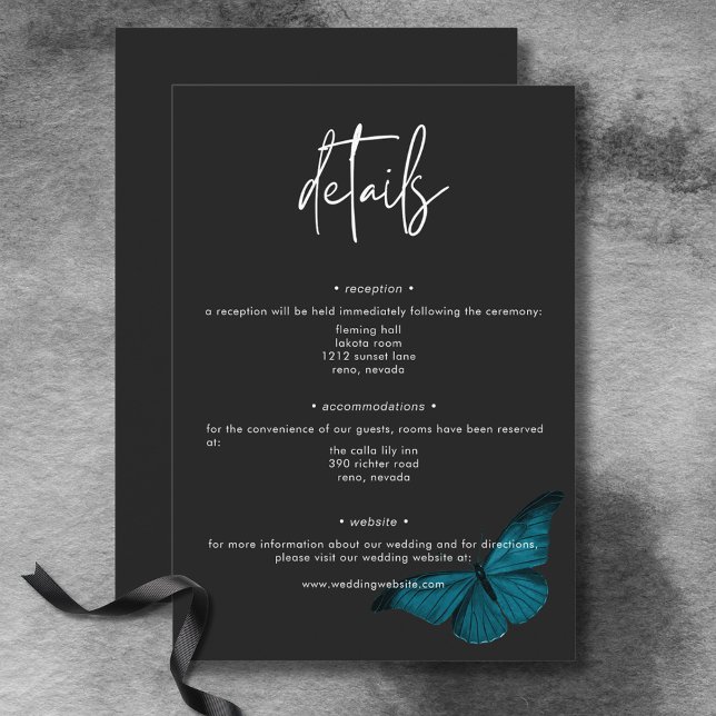 Dunkle Moody Minimal Aquamarine Moth Wedding Detai Begleitkarte (Dark Moody Minimal Teal Moth Wedding Details Enclosure Card)