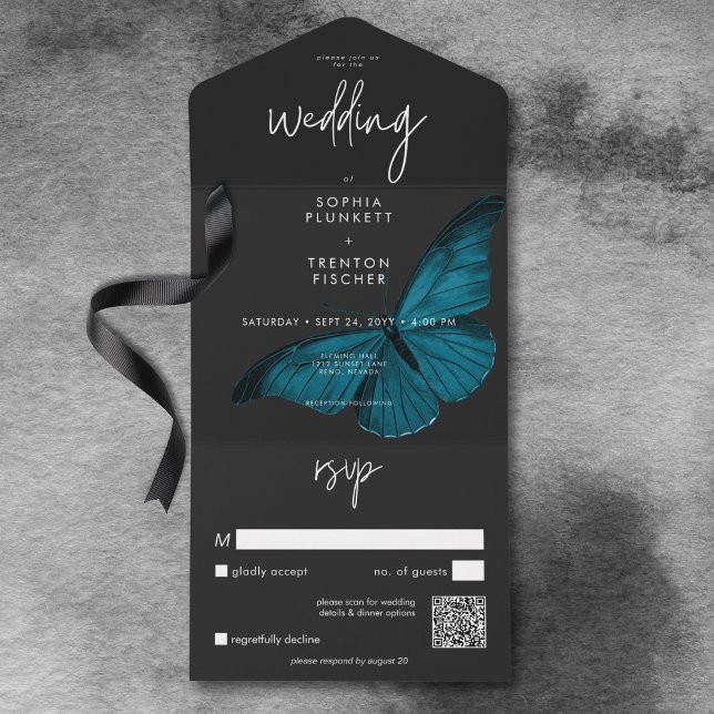 Dunkle Moody Minimal Aquamariner Moth QR Code Hoch All In One Einladung (Dark Moody Minimal Teal Moth QR Code Wedding All In One Invitation)