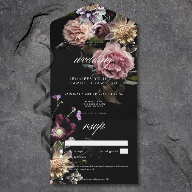 Dunkle Moody Pastel Opulent Black Floral Details All In One Einladung (Dark Moody Pastel Opulent Black Floral Details All In One Invitation)