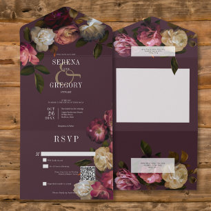 Dunkle Moody Pink Burgunderrot & Cremefarbene Pfin All In One Einladung