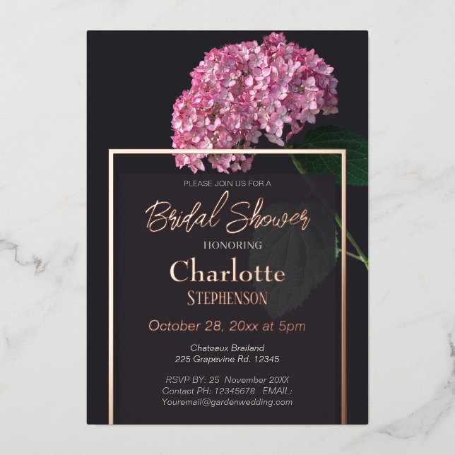 Dunkle Moody Pink Hydrangea Brautparty Rose Gold Folieneinladung (Vorderseite)