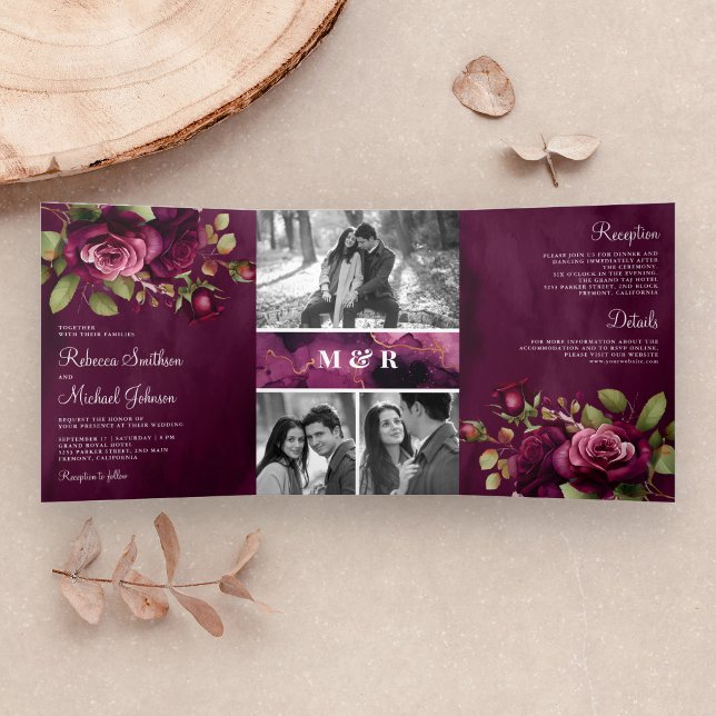Dunkle Moody Plum Rose FotoCollage Lila Hochzeit Dreifach Gefaltete Einladung (Von Creator hochgeladen)