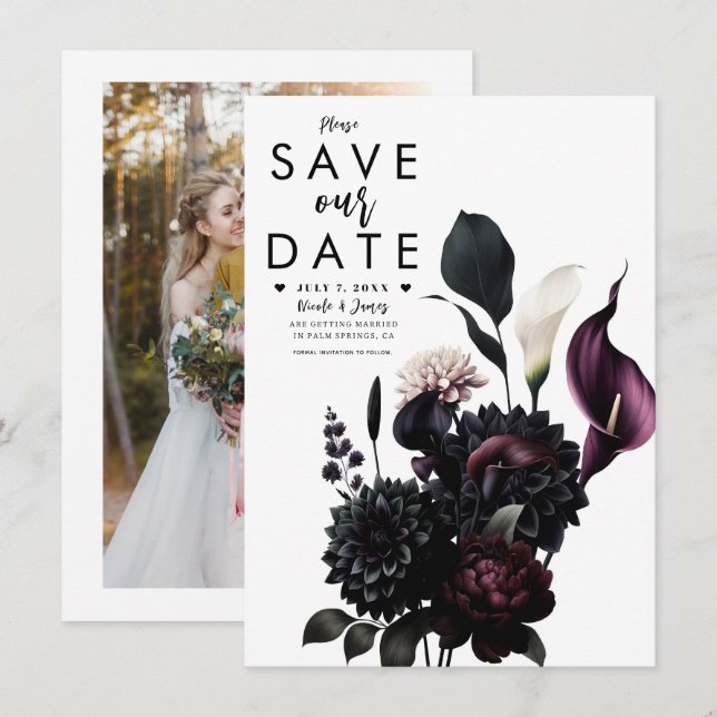 Dunkle Moody Romantische Blumenhochzeit retten das Einladung (Vorne/Hinten)
