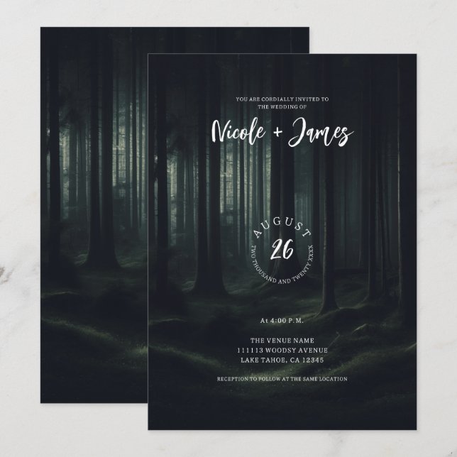 Dunkle Moody-Waldbäume bei Twilight-Hochzeit Einladung (Vorne/Hinten)