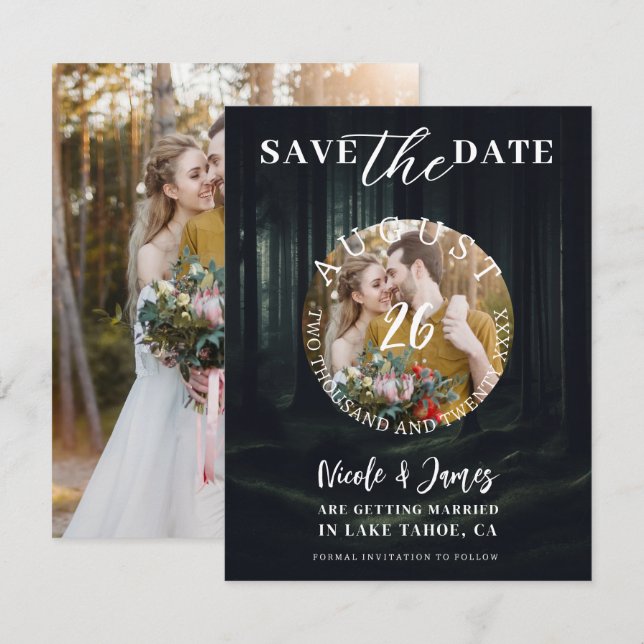 Dunkle Moody-Waldbäume bei Twilight Save the Date Einladung (Vorne/Hinten)