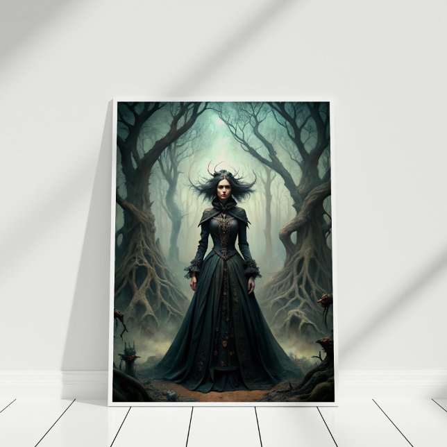Dunkle Moon Hexe - Forest Queen Wall Art Poster (Dark Moon Witch – Forest Queen Wall Art in a white frame.)