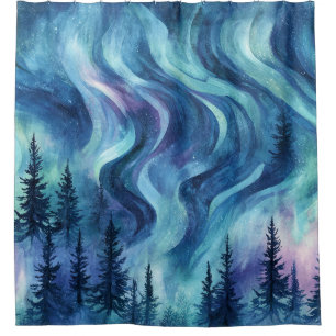 Dunkle Nacht Kiefern Bäume Lebendiger Aurora-Schei Duschvorhang
