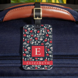 Dunkle Navy Blue Floral Red Grau Weiße Blume Gepäckanhänger