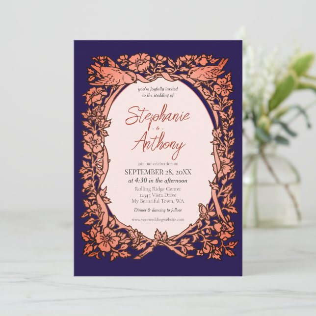 Dunkle Navy Blue Kupfer Wildblume Hochzeit Einladung (Stehend Vorderseite)