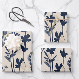 Dunkle Navy Blue Modern Groovy Daisy Blume Geschenkpapier Set