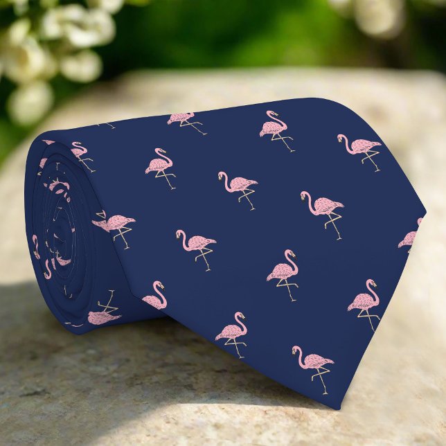 Dunkle Navy Blue Pink Flamingo Tropical Bird Krawatte (Von Creator hochgeladen)