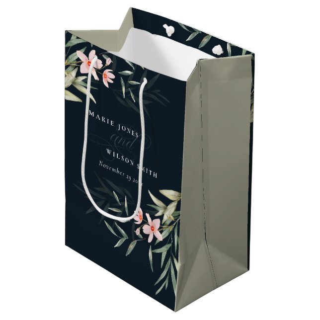 Dunkle Navy Blush Greenery Blumenzwiebeln Hochzeit Mittlere Geschenktüte (Vorderseite Schrägansicht)