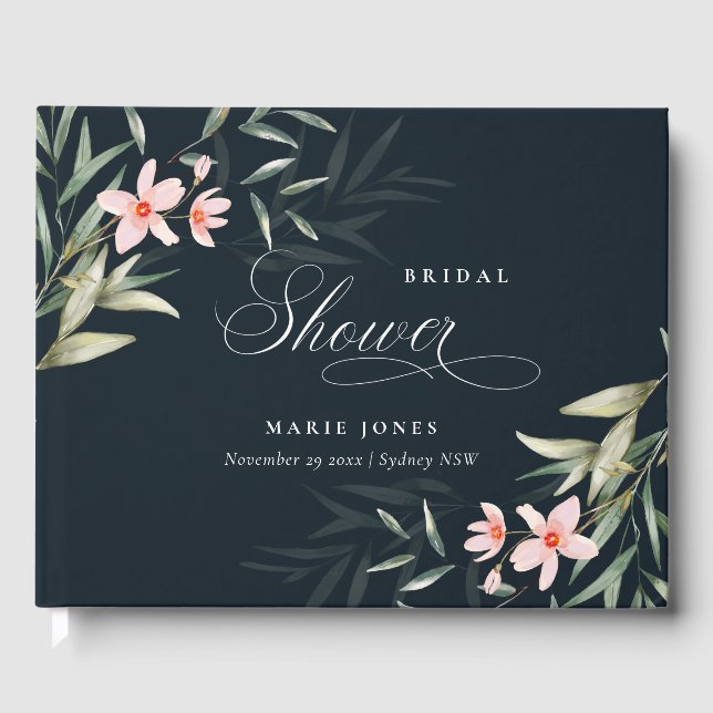Dunkle Navy Blush Greenery Flora Bunch Brautparty Gästebuch (Vorderseite)