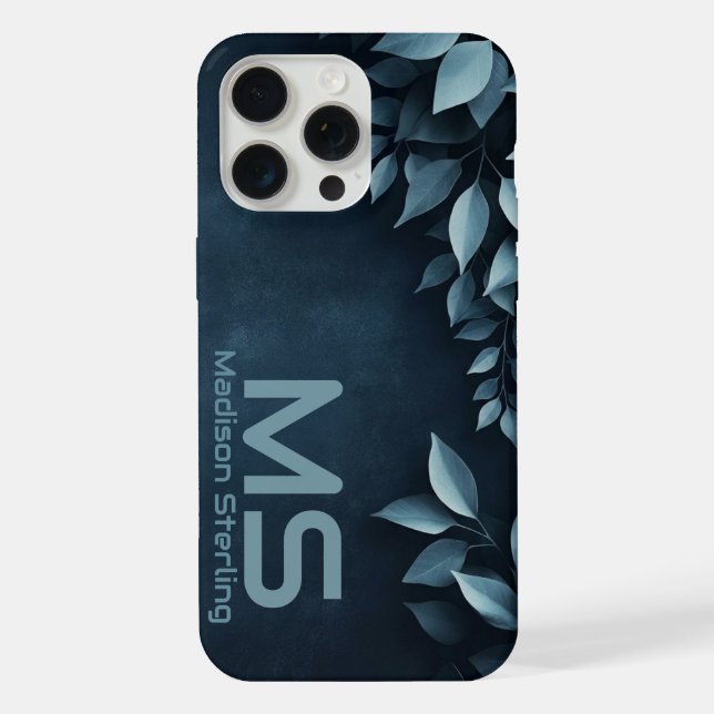 Dunkle Navy Botanische Blätter Monogramm iPhone-Hü iPhone 15 Pro Max Hülle (Rückseite)
